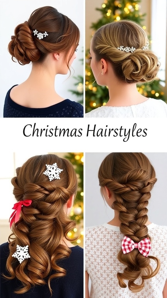 A collection of stylish Christmas hairstyles including updos, curls, and braids with festive decorations.